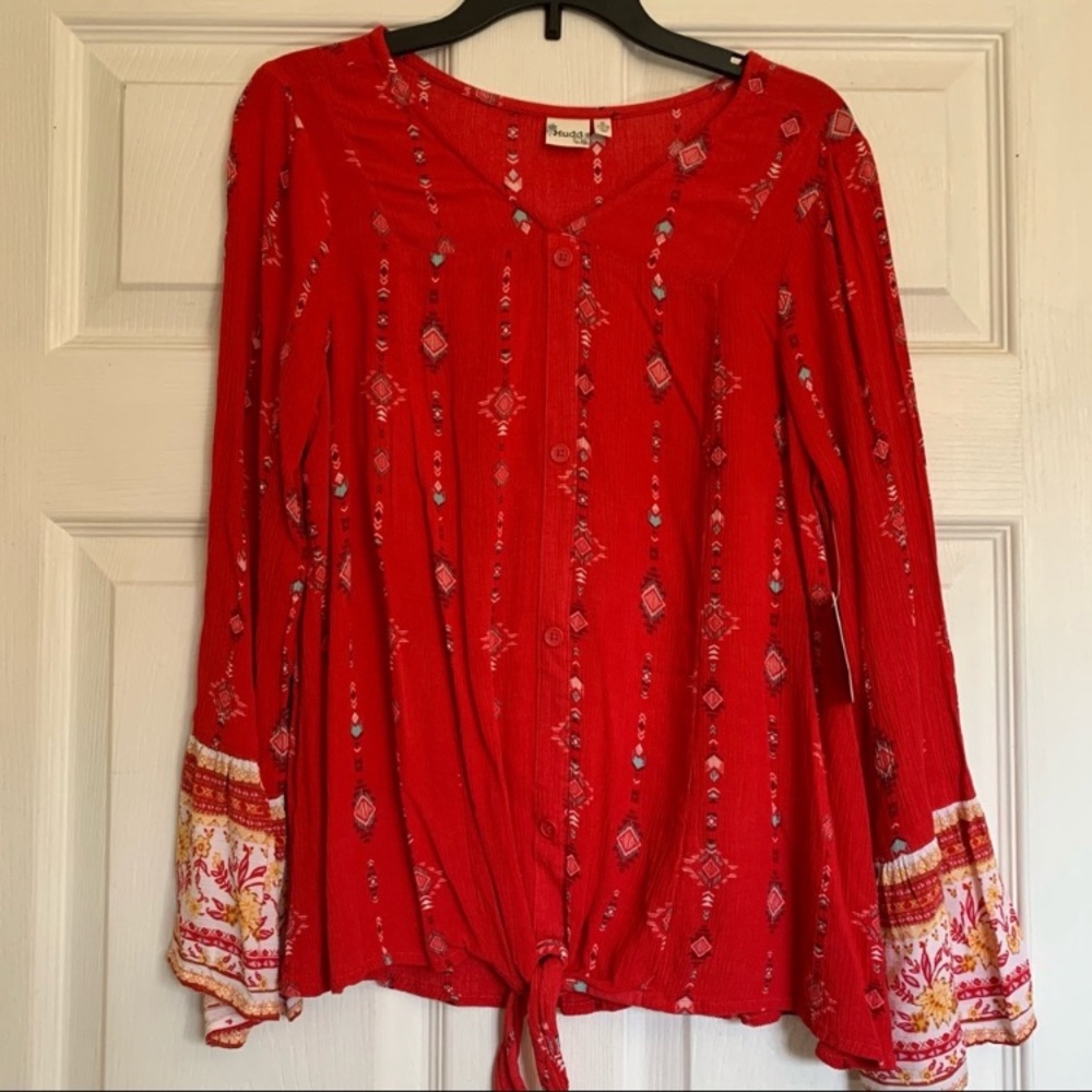 Mudd Girls Bell Sleeve Peasant Top Red Floral And Tribal Print